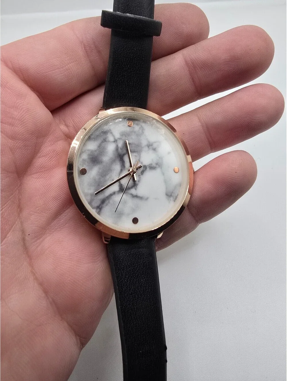 Accutime Quartz Analog Watch Marble Dial Rose Gold Tone Black Faux Leather Strap